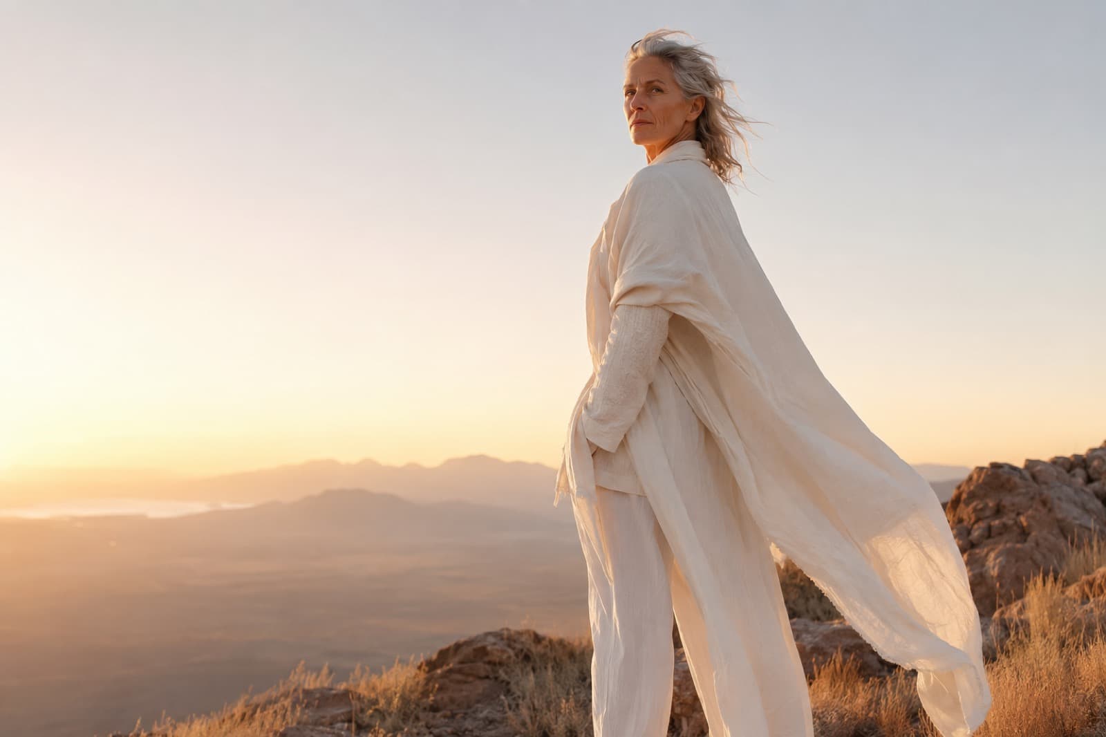 Mature woman in flowing white clothing standing firmly on a windswept ridge at sunrise.