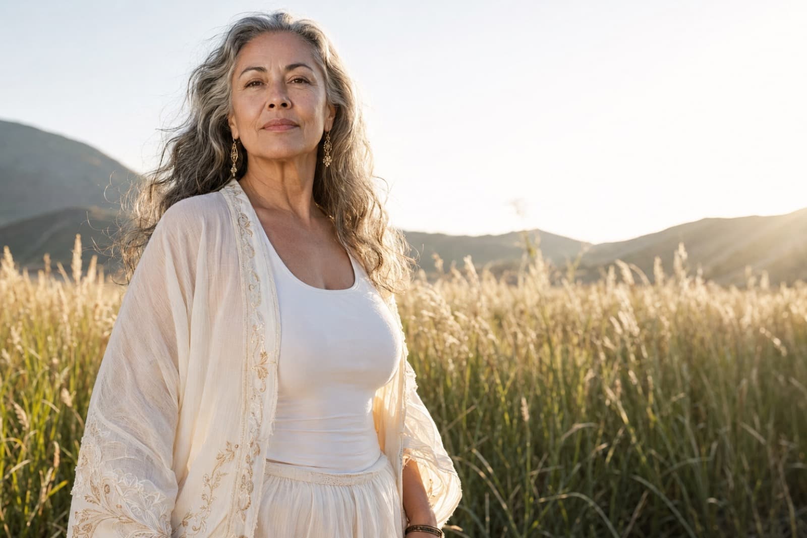Confident mature woman in cream and white standing in warm sunlight among tall grasses.