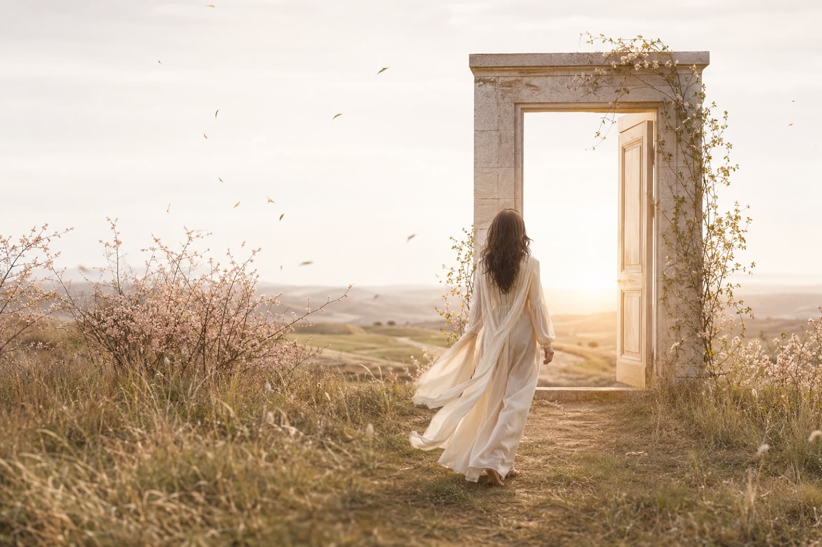 Woman in a flowing cream dress walking towards an open doorway filled with soft spring light.