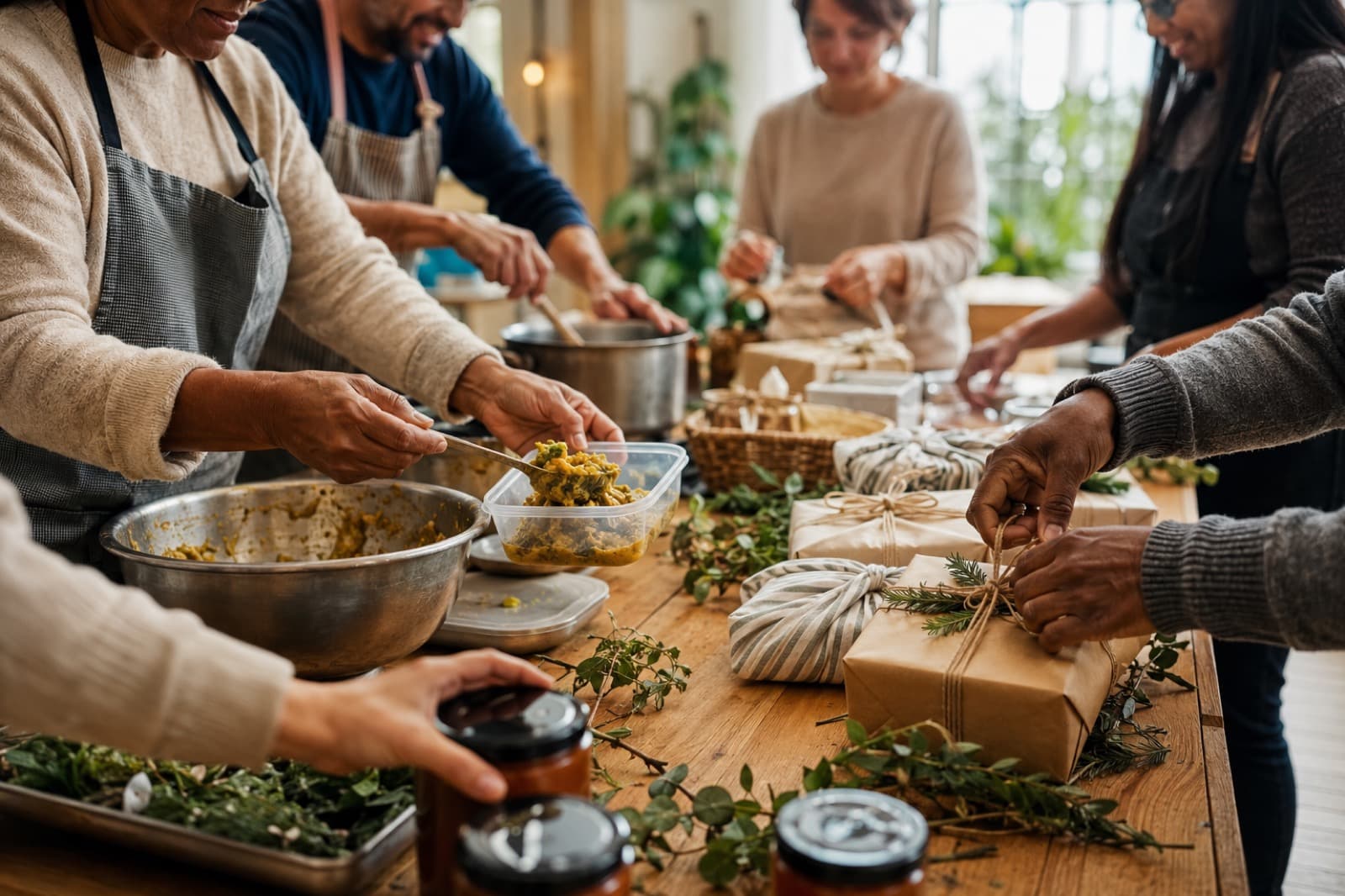 Diverse community preparing food and wrapping practical gifts together around a warm timber table.
