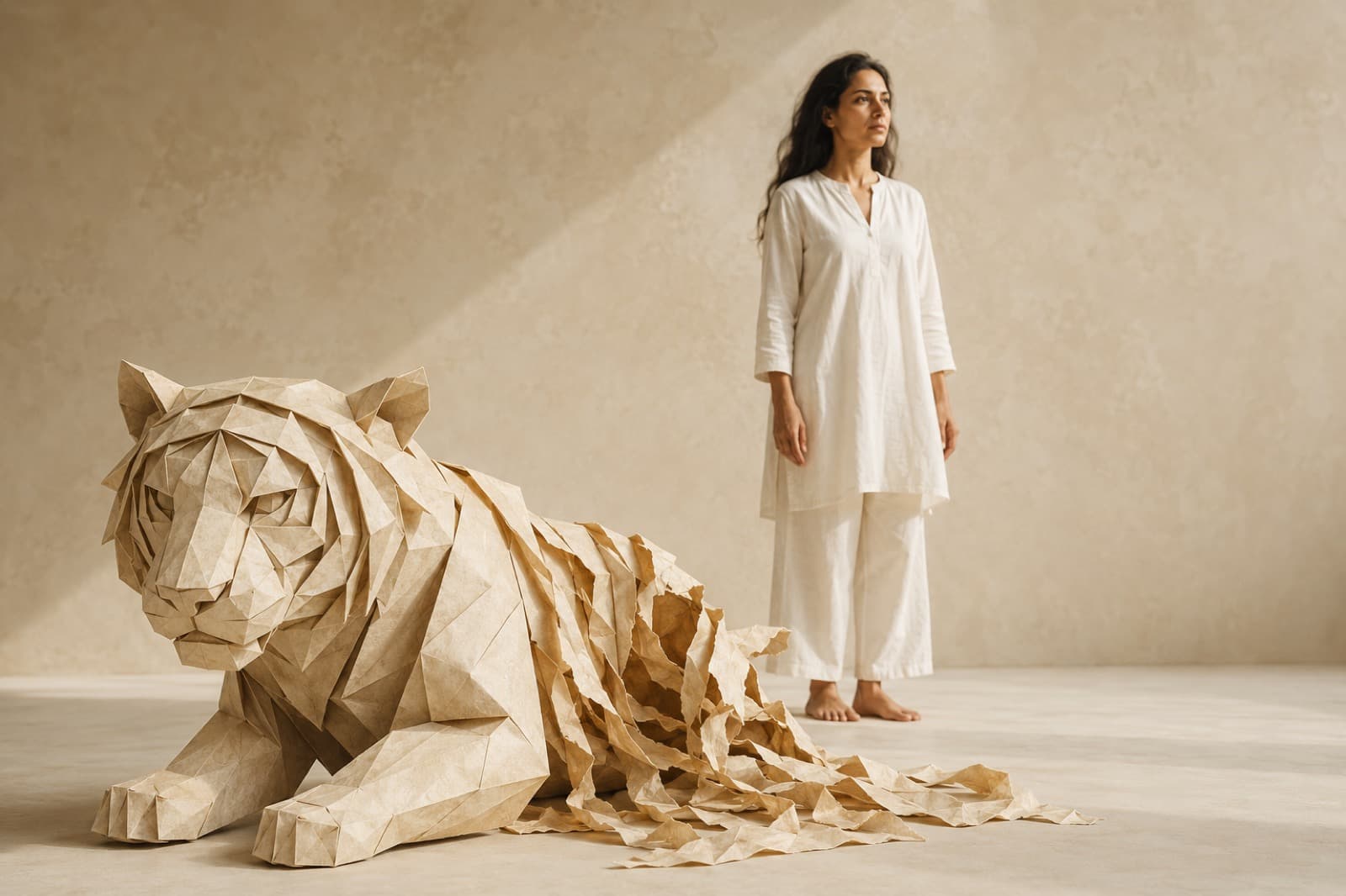 Folded paper tiger unravelling in a cream studio while a woman in white stands grounded behind it.
