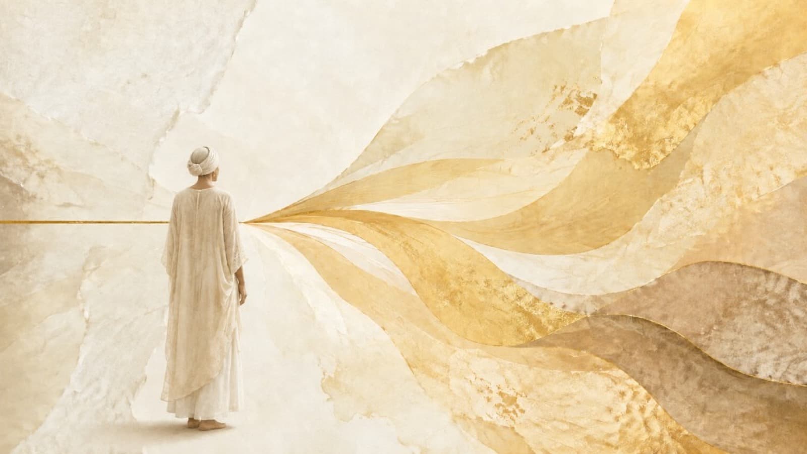 A figure in white standing where a single gold line opens into many radiating possibilities.